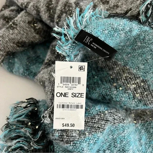 INC International Concepts Leopard Print Sequin Wrap Scarf Gray Black Blue - Picture 10 of 10